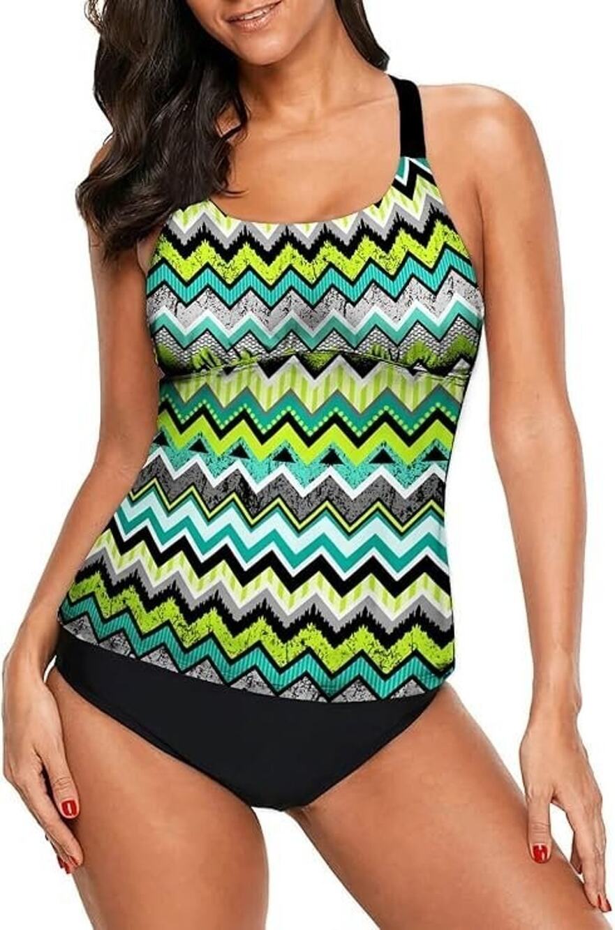 Chevron Print Racerback Swim Tankini Top - Turquoise & Lime